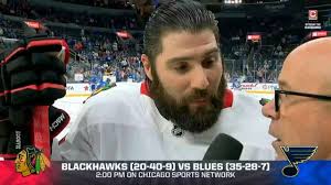 An emotional Pat Maroon tells Darren Pang before his final game in St.  Louis that he will retire at the end of the season.
