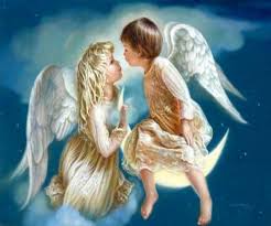 Tow Angels Kissing The Girl Angel Is Sitting On A Cloud And Boy Angel Sitting On The Moon Angel Pictures Cross Paintings Baby Angel