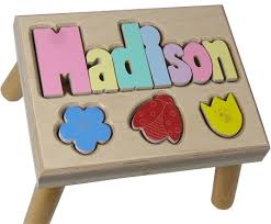 Large name puzzle stool in primary colors. Flowers Personalized Puzzle Stool Maple Wood Name Stool