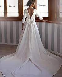 Elegant 2019 Satin Wedding Dresses Half Sleeve A Line Lace Long Bridal Angelaweddings Church Wedding Dress Wedding Dress Long Sleeve Backless Wedding