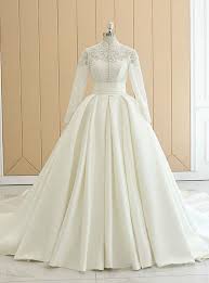 White Satin High Neck Long Sleeve Wedding Dress With Button High Neck Long Sleeve Wedding Dress Wedding Dresses Satin Wedding Dress With Pockets