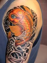The carp's features have an unconventional look. Tribal Koi Fish Tattoos