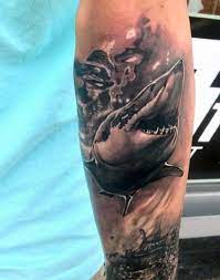 Great white shark tattoo forearm. Black And White Realistic Looking Forearm Tattoo Of Big Shark Tattooimages Biz