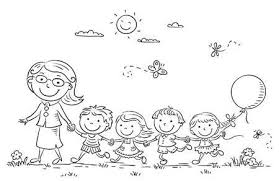 Cartoon Bambini E Il Loro Insegnante In Una Passeggiata Nella Scuola Materna Contorno Bianco E Nero Disegni Di Scarabocchio Bianco E Nero Disegni Bambini