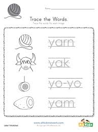 The printable page has a capital letter, a lower case letter, and four words that start with y, with pictures of the words to color. Trace The Letter Y Words All Kids Network