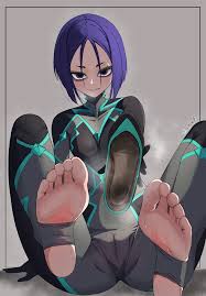 namukot, ushi gozen (fatesamurai remnant), fatesamurai remnant, fate  (series), dark blue hair, absurdres, highres, 1girl, barefoot, blue eyes,  blue hair, blush, cameltoe, feet, looking at viewer, medium hair, parted  lips, shoes, single