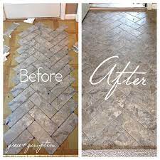 Maybe you got lucky and all of your edges matched up seamlessly with the. Diy Herringbone Peel N Stick Tile Floor Before And After By Grace Gumption Bathroom Floor Stick On Tiles Diy Flooring Diy Herringbone