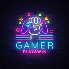Gamer Play Win Logo Neon Sign Vector Logo Design Template Game Night Logo In Neon Style Gamepad In Hand Modern T Neon Typography Neon Signs Game Logo Design