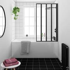 Arezzo Square Single Ended Bath With Matt Black Bi Fold Screen Bath Screens Black White Bathrooms Shower Over Bath