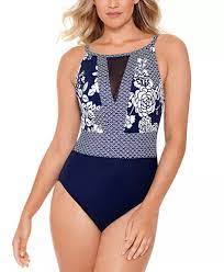Swim Solutions Rosie Naut High Neck Mesh Insert Tummy Control One Piece Swimsuit Created For Macy S Reviews Swimwear Women Swimsuits One Piece Clothes
