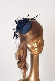 Bridal Navy Blue Fascinator With Birdcage Veil And Flowers Wedding Mini Hat With Veil Navy Blue Fascinator Blue Fascinator Hat With Veil