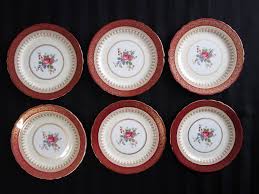 Cobalt blue and gold bone china trio, kingston english bone china trio, art deco floral bone china trio, cobalt blue china. Vintage Set Of 6 Aynsley Bone China Salad Luncheon Or Dessert Plates Red Border Gold Filigree Floral Centers Pa Aynsley Bone China Bone China Floral Spray