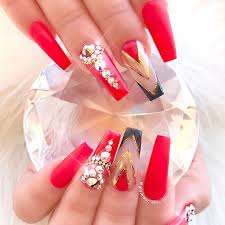 Acrylic Matte Red And Gold Nails Nail And Manicure Trends Heart music note gel nail art design.