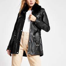 Black Faux Leather Utility Army Jacket Army Jacket Winter Coats Women Black Faux Leather