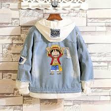 Details About Anime One Piece Cartoon Cute Luffy Denim Hoodie Jean Jackets Layered Cowboy Coat