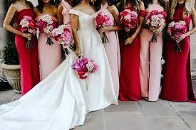 Bold Pink And Red Sydney Wedding Rooted In Tradition Ruffled Wedding Bridesmaids Dresses Blue Pink Bridesmaid Dresses Red Wedding Theme