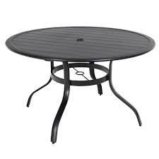 Hampton Bay 48 In Commercial Aluminum Round Outdoor Patio Slat Top Dining Table In Black 191a192648tslbl The Home Depot Outdoor Dining Table Black Patio Furniture Patio Table