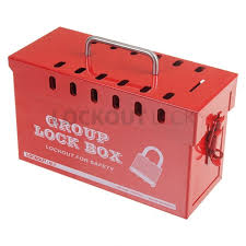 3d shipping guarantee, delivery security concept. Group Lock Out Box Red 13 Lock