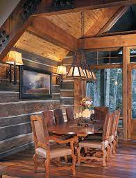 Rustic family room with stone fireplace inside large log home. 82 Cabin Dining Ideas Rustic House Log Homes House Design