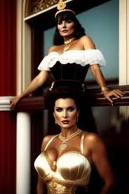 Lexica - Milena Velba wearing fancy dress, standing by balcony