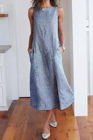Women Casual Sleeveless Round Neck Printed Color Dress In 2020 Cotton Stripe Dresses Casual Dresses For Women Womens Dresses