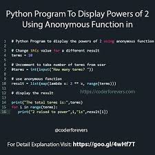 Program To Display Powers Of 2 Using Anonymous Function In Python In This Program Youll Learn How To Di Python Programming Computer Science Programming Python
