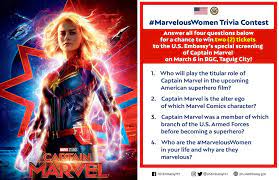 This post was created by a member of the buzzfeed community.you can join and make your own pos. U S Embassy In The Philippines Join Our Marvelouswomen Trivia Contest For A Chance To Win Two 2 Tickets To The Special Screening Of Captain Marvel On March 6 In Bgc Taguig