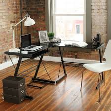 L Shape Computer Writing Desk Black Clear Glass Metal Office Furniture Como Fazer Mesa Coisas Para Fazer Mesa