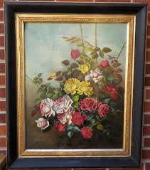 Antique Beautiful Victorian Yellow Pink Red Roses Large Oil Etsy Large Oil Painting Painting Rose Painting