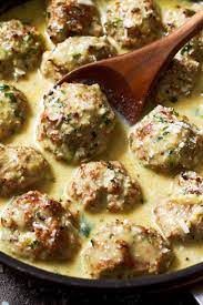 Creamy Pesto Chicken Meatballs Chicken Meatball Recipes Creamy Chicken Recipes Chicken Meatballs