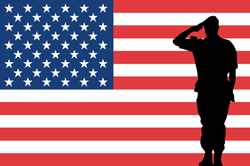 American flag with soldiers silhouette. The Usa Flag With Silhouette Of A Saluting Soldier