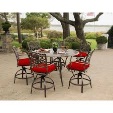 Shop for dining table 6 chairs online at target. Hanover Traditions 7 Piece Aluminum Outdoor Bar Height Dining Set With Red Cushions 6 Swivel Chairs And A 56 In Cast Top Table Traddn7pcbr Red The Home Depot