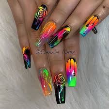 Neon Colors Different Nail Designs Matte Nail Designs White Background Long Coffin Nails In 2020 Coffin Nails Designs Glow Nails Long Acrylic Nails