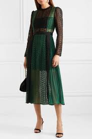 Black And Teal Lace Dress Forest Green Two Tone Guipure Lace And Pleated Chiffon Midi Dress Self Portrait Green Lace Dresses Chiffon Midi Dress Dresses