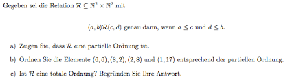 Die lexikographische ordnung ist eine methode, um aus einer linearen ordnung für einfache objekte, beispielsweise alphabetisch angeordnete buchstaben, eine lineare ordnung für zusammengesetzte objekte, beispielsweise aus buchstaben zusammengesetzte wörter, zu erhalten. Partielle Ordnung Und Totale Ordnung A B R C D Gdw A C Und D B Mathelounge