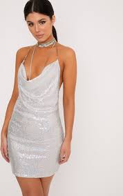 Tarria Silver Sequin Chain Choker Mini Dress Glittery Dress Mini Dress Dresses