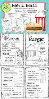 Your kids from kindergarten up through sixth grade will love using these math worksheets. Menu Math Worksheets Printable Free Menu Math Worksheets Restaurant Math Worksheets Math Printables Money Math Printable Math Worksheets