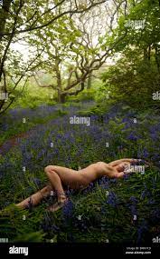 Schlanke nackte blonde behaarte junge Frau nackt im Wald mit Glockenblumen,  Frühling, UK Stockfotografie - Alamy