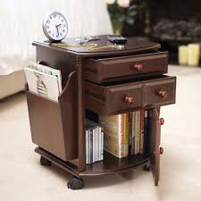 Multi Storage Mahogany Finish Companion Side Table With Pocket Rolling Wheels Multistoragetable Table Multistorage Storage Table Storage Storage Side Table