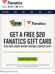 Draftkings is an american daily fantasy sports contest and sports betting operator. Fanatics Free 20 Fanatics Gift Card Details Inside Milled