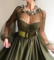 Details Olive Color Tulle Fabric Handmade Embroidery Flowers And Leaves Ball Gown Style Party And Evening Dress Fancy Dresses Dresses Pretty Dresses