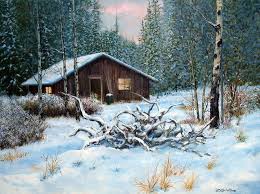 Old log cabin with snow on roof and on ground black and white. Winter Cabin Painting By E Colin Williams Arca