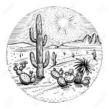 This plant's leaves, roots, and stems have adapted to the desert to enable it to absorb, and conserve water. Circle Desert Vector Round Western Landscape Sketch With Cactus Royalty Free Cliparts Vectors And Stock Illustration Image 151539869