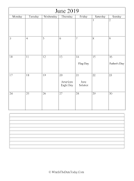 June 2019 Calendar Editable With Notes Space Vertical Layout