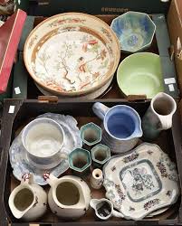 A collection of earthenware including Denby jug, Copeland wash basin,  Satsuma style; a 1930's Empire trip
