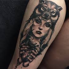 Black And Grey Wolf Tattoo Black And Grey Wolf Girl Tattoo On Thigh By Brokenpuppet Jpg 1024 1024 Wolf Girl Tattoos Black And Grey Tattoos Grey Wolf Tattoo