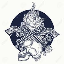 This is a great tattoo of a revolver on the shoulder. Skull Crossed Guns Rose Tattoo Art Symbol Of The Wild West Robber Crime Human Skull And Revolvers T Shirt Design Royalty Free Cliparts Vectors And Stock Illustration Image 72210428