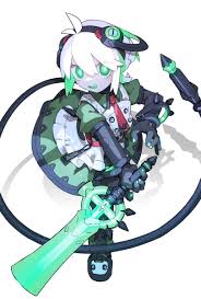 cheri zao, original, 1girl, armor, bright pupils, full body, green eyes,  green hair, green shirt, green skirt, headgear, holding, holding sword,  holding weapon, joints, midoriko (cheri zao), multicolored hair, ringed  eyes, robot