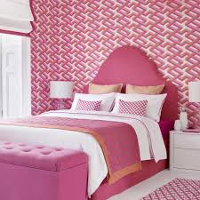 Find your bedroom wallpaper below. Hot Pink Bedroom With Geometric Wallpaper And Ottoman Pink Wallpaper Bedroom Wallpaper Design For Bedroom Wallpaper Bedroom