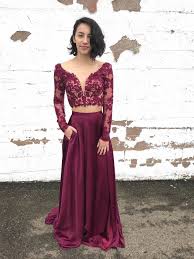 Long Sleeve Two Piece Lace Prom Dresses Purple See Through Beaded Formal Dresses Apd3413 Prom Dresses Long With Sleeves Cheap Prom Dresses Long Maroon Prom Dress
